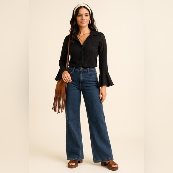 Tribal Black Blouse with Flared Sleeves - Picture 2 of 4